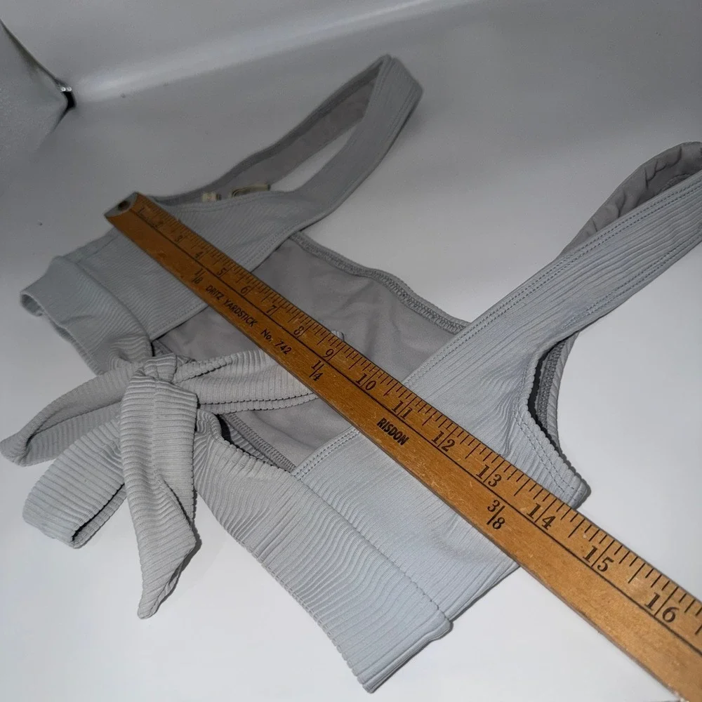 Lovewave Ribbed Square Neck‎ Tie Front Bikini Top Swimsuit Bralette Grey Medium